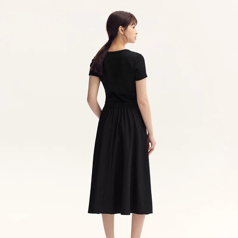 Dress Women Slim-Fit Waist-Cinching Dress  Summer New Fake Two-Piece Round Neck Midi Versatile Dress