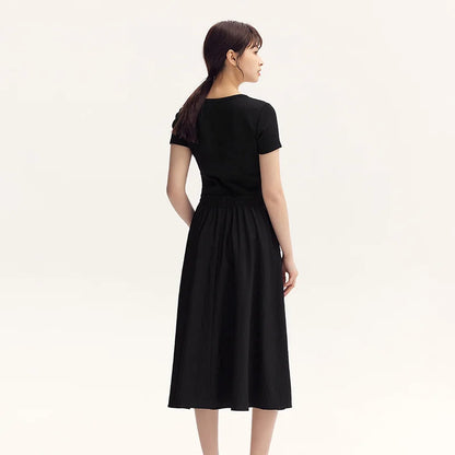 Dress Women Slim-Fit Waist-Cinching Dress  Summer New Fake Two-Piece Round Neck Midi Versatile Dress