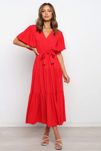 Vestidos largos con volantes de color liso de moda para mujer, sexys, con escote en V y mangas con volantes, vestido elegante con temperamento ahuecado para mujer, novedad de verano 2025