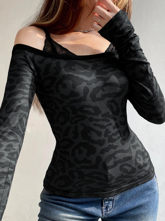 Slim Leopard Lace Halter Tops Fake Two Piece Top Off Shoulder Women Sexy Y2k Hotsweet Long Sleeve Top Autumn New