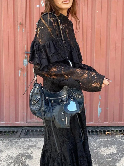 Vestidos largos sexis de encaje calado con forro tipo A para mujer, estilo vintage, holgados, con perspectiva y cuello redondo, negros, elegantes y chic para fiestas callejeras.