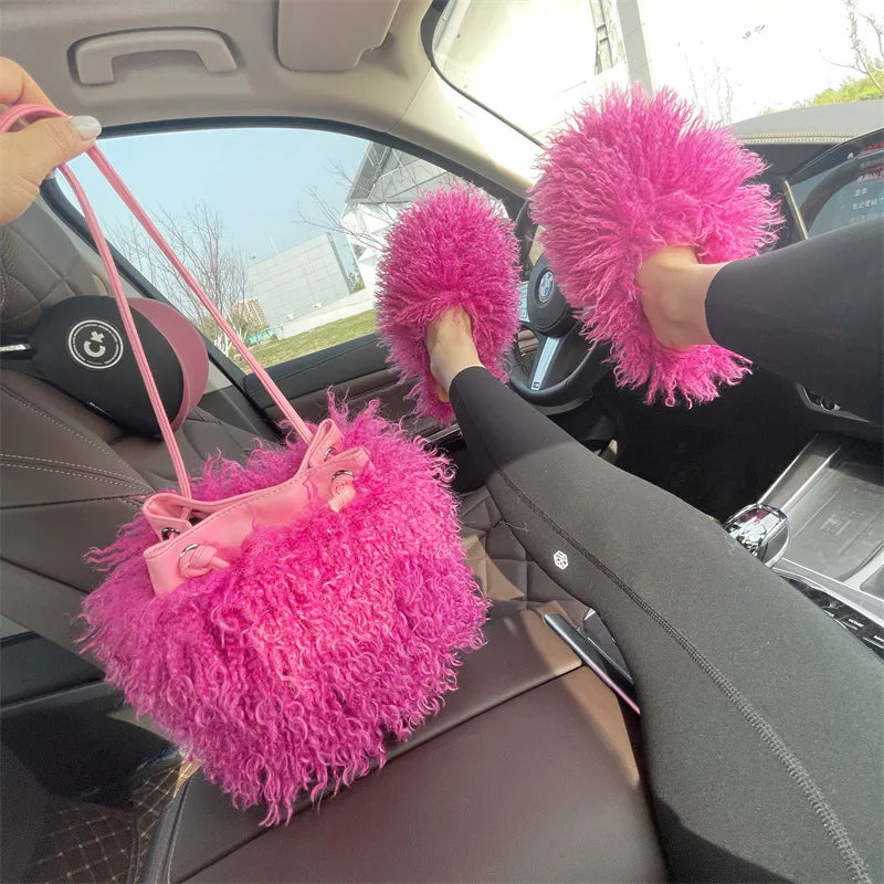 Bolso de lujo con borlas de colores y cordón peludo para mujer, bolso de felpa estilo Harajuku Street Punk Y2k, bolso de hombro de piel sintética para chicas atractivas