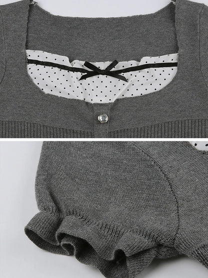 Camiseta elegante para mujer, con retazos de encaje, cuello cuadrado, de punto, dobladillo con volantes, Y2K, color gris