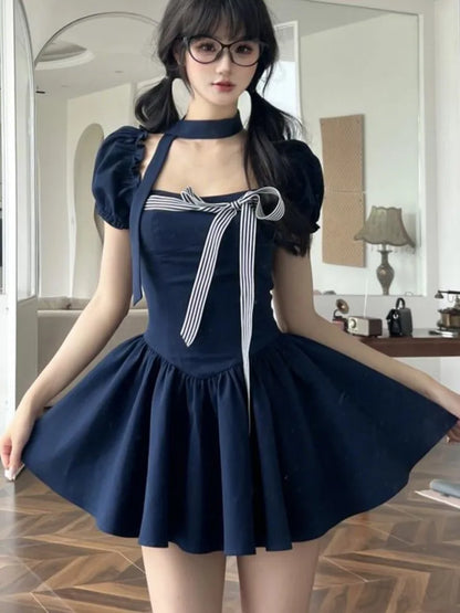 Vestidos cortos Y2K para mujer, cuello cuadrado, mangas abullonadas, volantes, corte A, liso, moda coreana de verano, dulce, de una pieza, Vestido para mujer