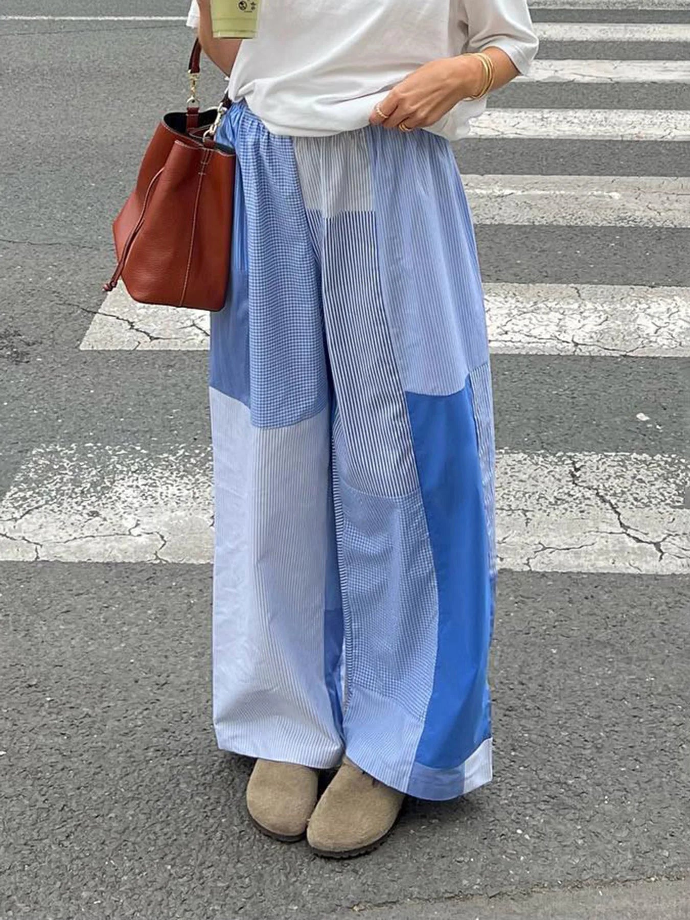 Pantalones holgados con diseño de bloques de color grunge y rayas azules para mujer, cintura elástica, sueltos, informales, tejidos, ropa de casa informal