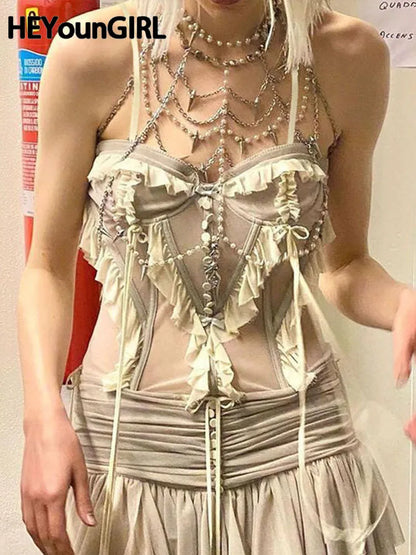 Women Split Vest Top Ruffles Patchwork Skinny Y2K Girl Camisole Summer Fashion High Street Sexy Crop Tank Tops 2000s