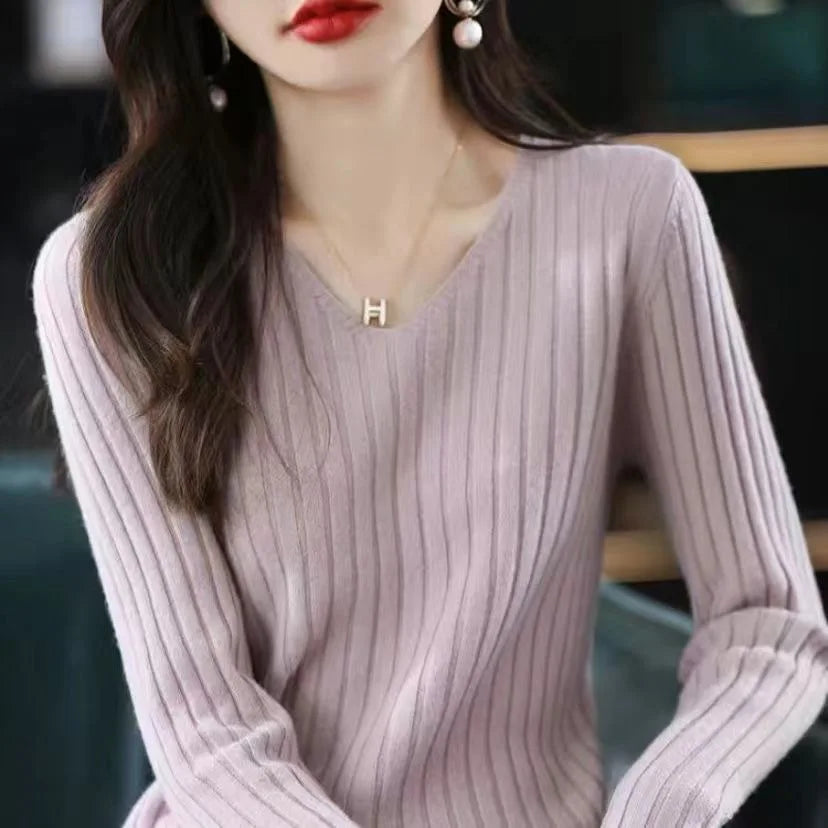 Suéter de mujer, jersey de manga larga de punto, cuello en V, suéter de moda para mujer, ropa básica de invierno para mujer, suéter liso OL DF4933