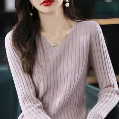 Suéter de mujer, jersey de manga larga de punto, cuello en V, suéter de moda para mujer, ropa básica de invierno para mujer, suéter liso OL DF4933
