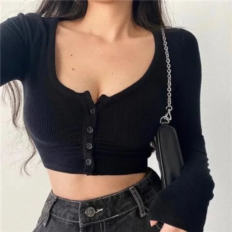 Blusas y tops de mujer con escote en V, manga larga y bajo ajustado, cárdigan de color liso con abertura en el ombligo.