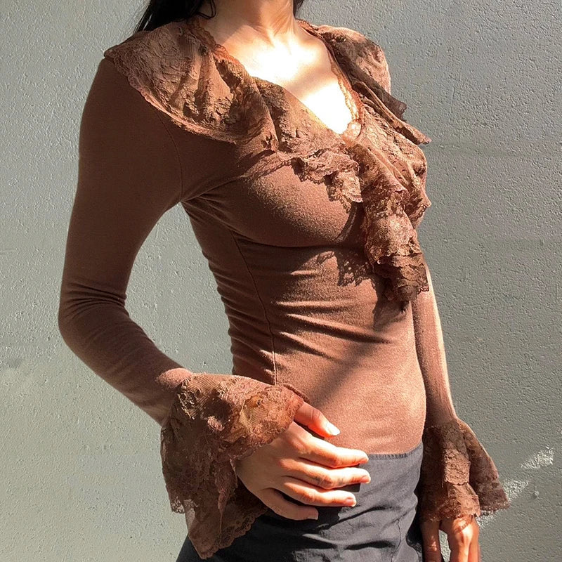 Camiseta marrón con cuello con volantes de encaje vintage Y2K, top ajustado de manga larga, elegante y con estilo de los años 2000, ropa de calle de otoño