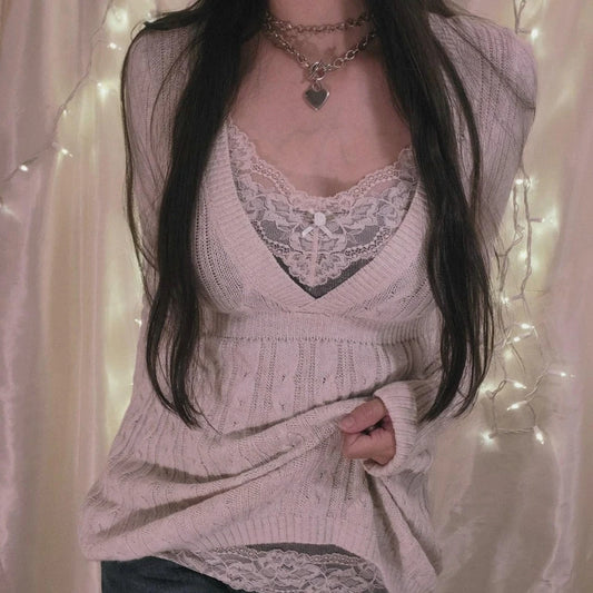 Suéter de punto vintage grunge Fairycore Y2K para mujer, elegante, de los años 90, con cuello en V, estilo retro, bonito, prendas de punto