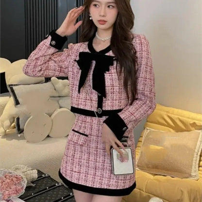 Conjunto de dos piezas de tweed para otoño e invierno, chaqueta corta y minifalda para mujer, elegantes conjuntos de moda coreana para mujer.