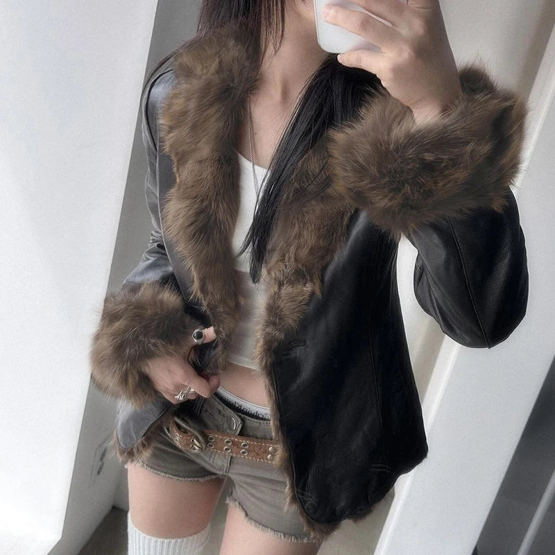 Chaqueta de piel sintética con cuello vuelto, estilo coreano, cárdigan de invierno, abrigo punk vintage de los años 90, ropa de abrigo elegante para mujer, otoño