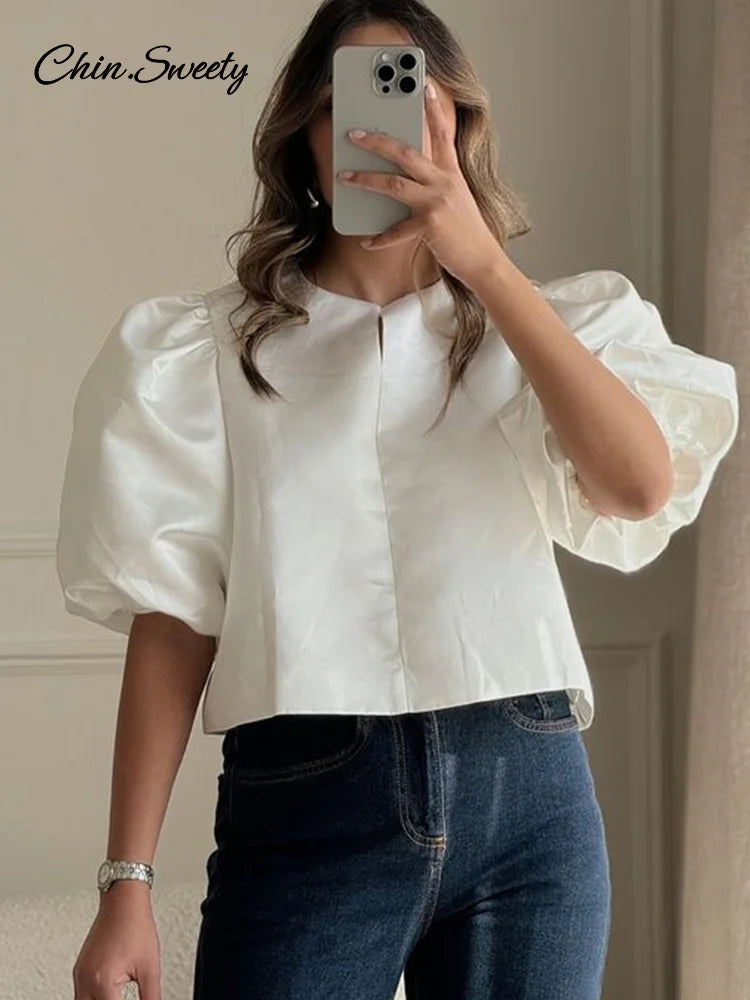 Elegant Satin Puff Short Sleeve Top Women Loose Solid Buckle O-neck Shirts Female 2025 Spring Summer Fashion Office Lady Outwear