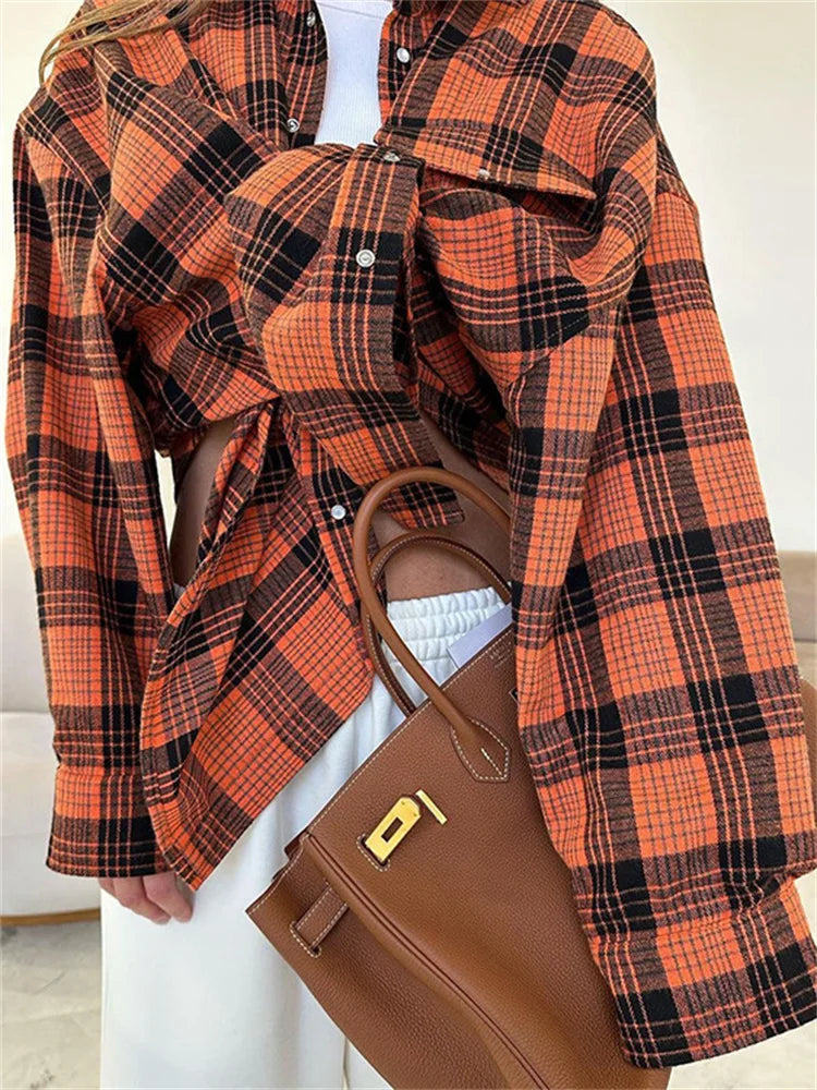 Casual Vintage For Women Shirts Outwear Lapel Fashion Loose Patchwork Streetwear Long Sleeve Striped Female Cardigan Coat