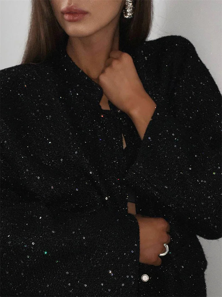 Black Sequin Fashion Outwear Female Loose Patchwork High Waist Long Sleeve Jacket Streetwear Solid Glitter Female Coat New