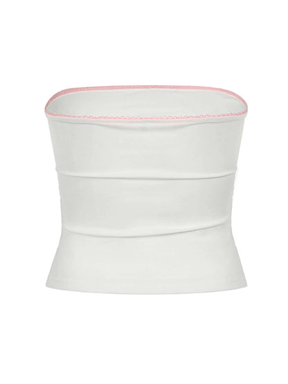 Top tubo blanco sin tirantes con encaje en contraste Y2K para mujer, bonito chaleco corto kawaii de los años 2000