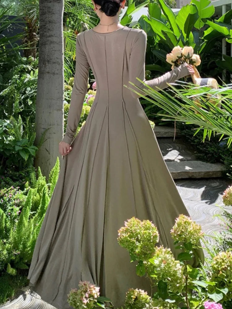 Vestidos casuales de punto para mujer, manga larga, cuello cuadrado, corte A, vestido maxi de otoño, moda coreana, vestidos sólidos para mujer, nuevo