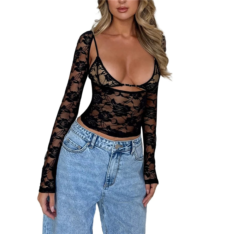Aesthetic Long Sleeve Top Women See Through Floral Lace Tshirt with Bra Crop Tee Grunge Clothes y2k Clothing Streetwear