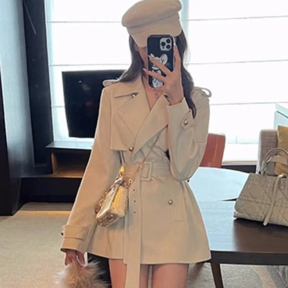 Elegante blazer de solapa para mujer, chaqueta cruzada de estilo británico con cinturón, ropa de abrigo informal de moda coreana para otoño