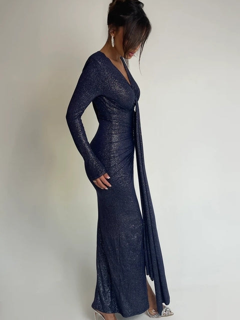 Elegante vestido de noche plisado de manga larga con cordones para mujer, cuello en V, ajustado, elástico, maxivestido para fiesta y club.