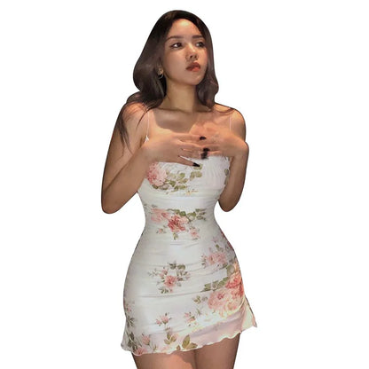 Vestido mini floral de los años 2000 para mujer, estilo Y2K, sin mangas, con volantes en el dobladillo, estilo kawaii, sexy, estilo hada.