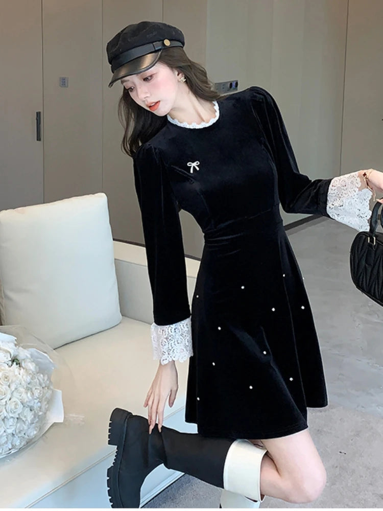 Woman Spring Summer New Elegant Velvet Mini A-line Dresses Long Sleeve Party Fashion One Piece Robe