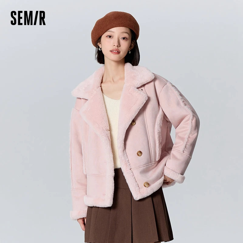 Chaqueta de mujer de gamuza sintética de piel de conejo sintética cálida de invierno nueva solapa estilo motociclista chaqueta holgada retro