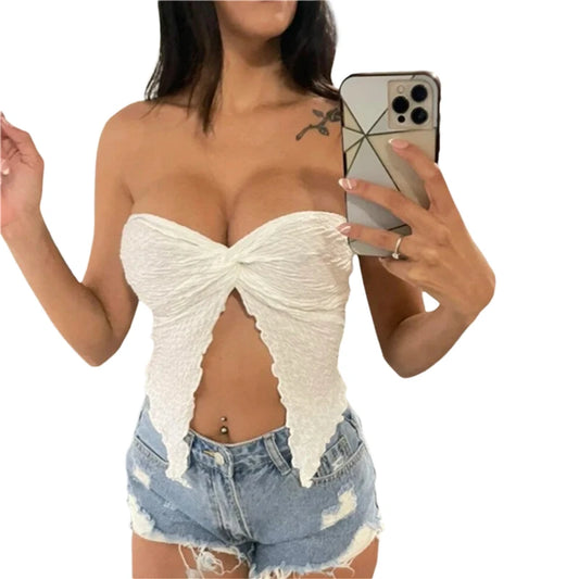 Strapless Crop Top y2k Women Twist Knot Off Shoulder Sleeveless Ruched Split Bandeau Summer 2000s Fairy Grunge Clothes