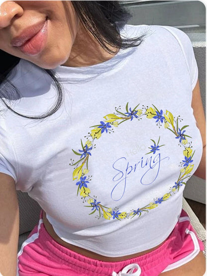Camiseta de manga corta con cuello halter para mujer, estilo Y2K, con texto artístico, nueva temporada de estampado callejero de Europa y Estados Unidos