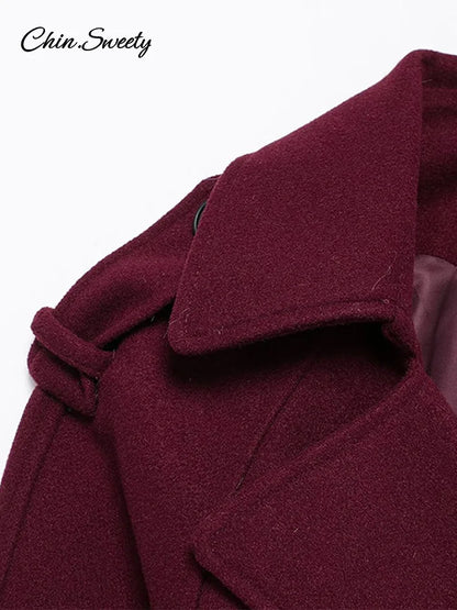 Abrigo cruzado burdeos y rojo de moda para mujer, con cordones, solapas sueltas, bolsillos, manga larga, nueva prenda de calle.