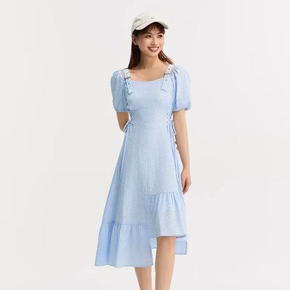 Vestido de mujer con cintura atada, texturizado, elegante y suave, de verano, irregular, con dobladillo con volantes, falda corta con estampado de campanillas, divertido