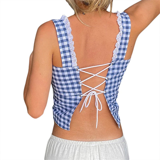 Plaid Crop Top y2k Aesthetic Women Lace Trim Square Collar Button Down Sleeveless Tanks 2000s Clothing Streetwear