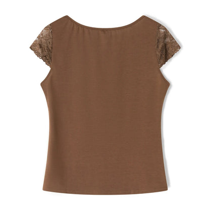 Tops cortos de encaje marrón con estética vintage para mujer, camiseta de manga corta con cuello en V, ropa grunge de hadas Y2K, ropa urbana de los años 2000