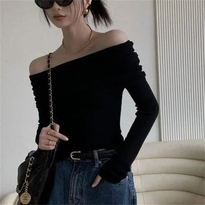 Camisetas con hombros descubiertos para mujer, camisetas casuales de manga larga lisas, tops cortos, ropa de calle, ropa de club, suéteres sexys con cuello torcido y cálidos