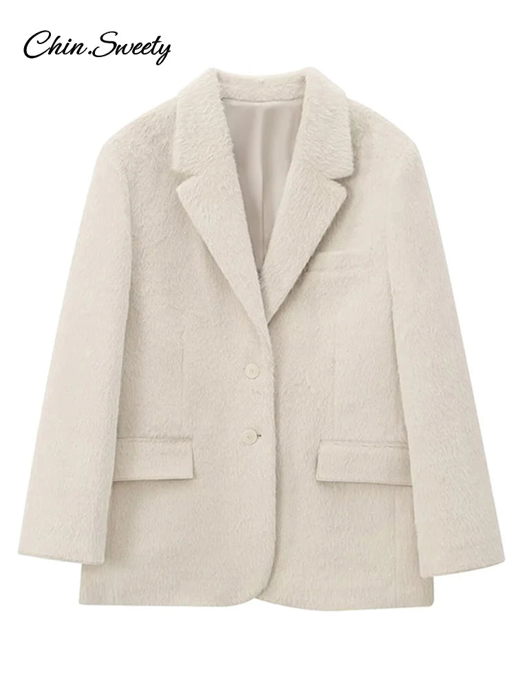 White Mohair Blazer Coat Women Loose Lapel Single-breasted Long Sleeve Thick Warm Jackets 2025 New Office Lady Street Outerwear