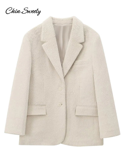 White Mohair Blazer Coat Women Loose Lapel Single-breasted Long Sleeve Thick Warm Jackets 2025 New Office Lady Street Outerwear
