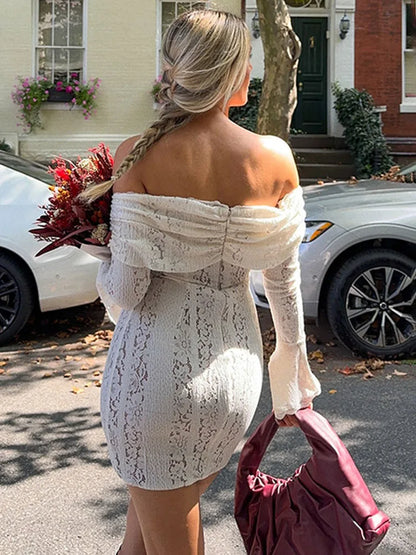 Lace Hollow Slim Mini Dress For Women One Shoulder Sexy Long Sleeves Club Party Dresses Bodycon Bandage Elegant Autumn