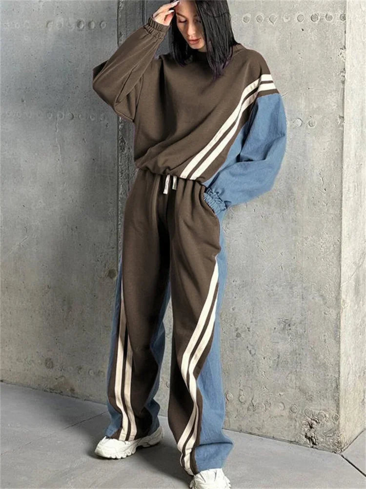 Ladies 2 Piece-Set Drawstring Trousers Contrast Lace-Up Autumn  Pullover And High Waist Women Pants Outfits Tracksuit