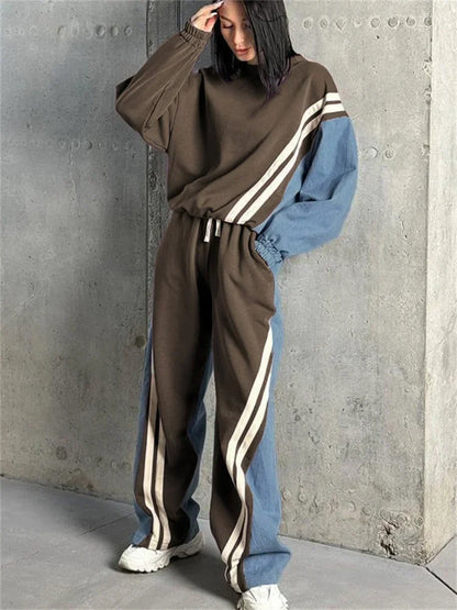 Ladies 2 Piece-Set Drawstring Trousers Contrast Lace-Up Autumn  Pullover And High Waist Women Pants Outfits Tracksuit
