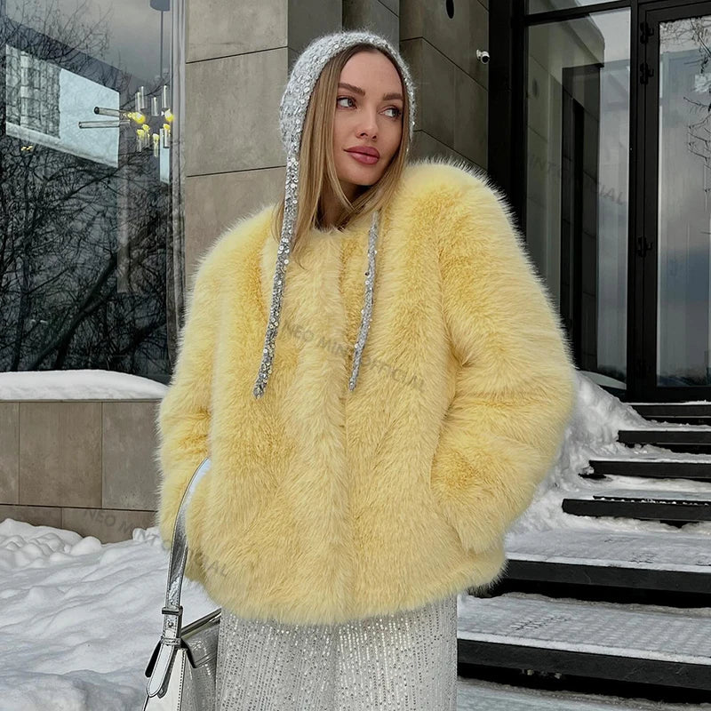 Chaqueta de piel de zorro esponjosa de moda de invierno para chicas de calle, abrigo informal de piel sintética con cuello redondo para mujer, abrigo grueso y cálido elegante