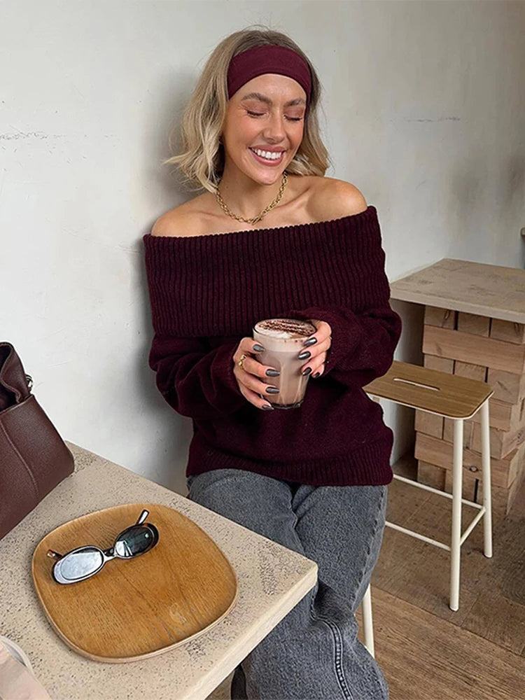 Elegant Knitted Off Shoulder Sweater Women Loose Solid Long Sleeve Pullover Sweaters Lady Spring Versatile Chic Street Knitwear
