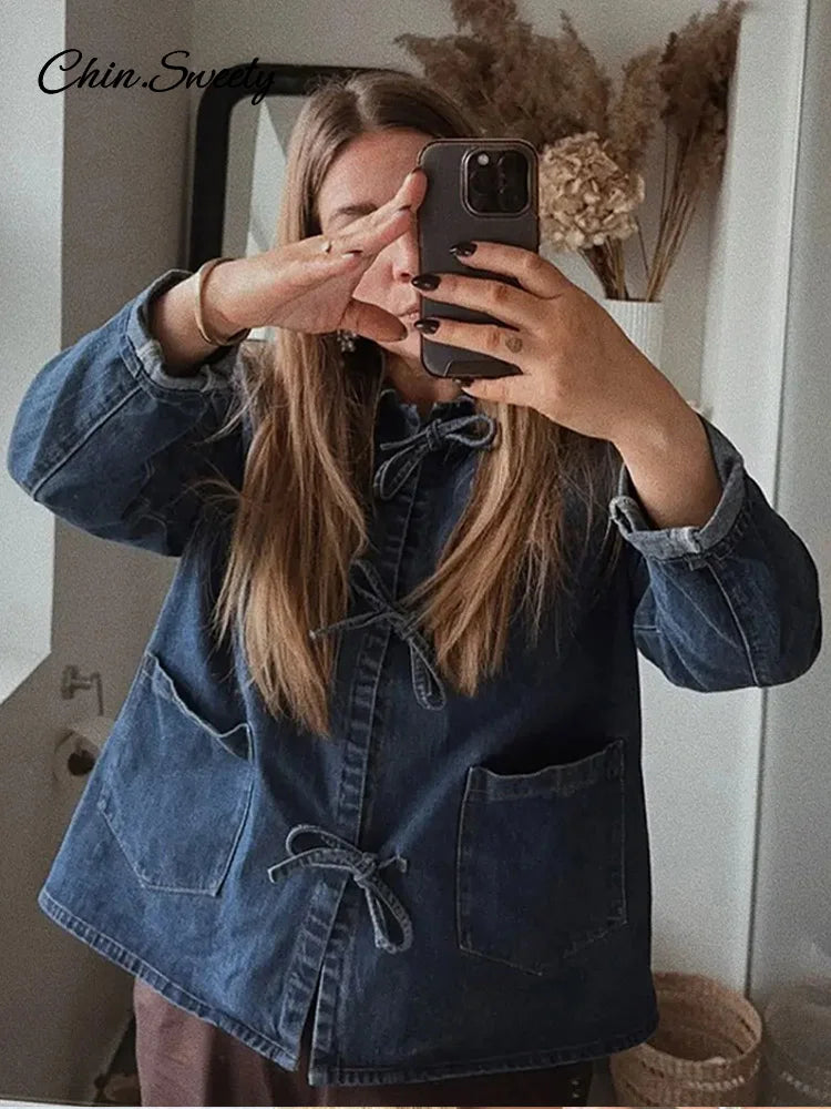 Camisa vaquera con cordones para mujer, blusa holgada de manga larga con solapa y cuello alto, primavera 2025