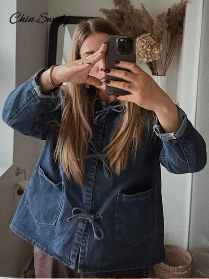 Camisa vaquera con cordones para mujer, blusa holgada de manga larga con solapa y cuello alto, primavera 2025