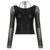 Elegante top negro sexy con corte frontal para mujer, camiseta de malla de manga larga con cuello en V, estilo halter, estilo vintage ajustado para otoño.