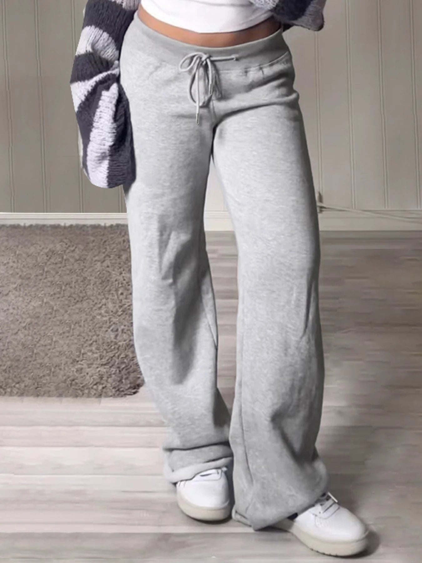 Pantalones deportivos holgados de cintura alta con bolsillos y cordón para mujer, color gris, lisos, básicos, sencillos, de pierna recta, para correr