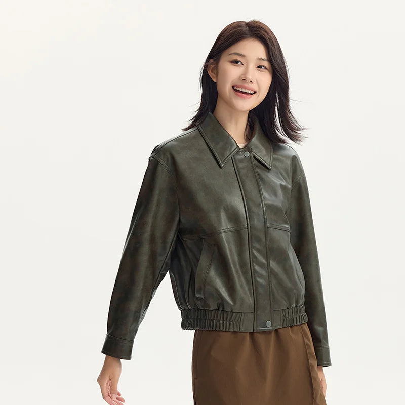 Abrigo para mujer, cuello holgado, estilo moderno, estilo urbano, otoño, nuevo, retro, texturizado, chaqueta de cuero PU.