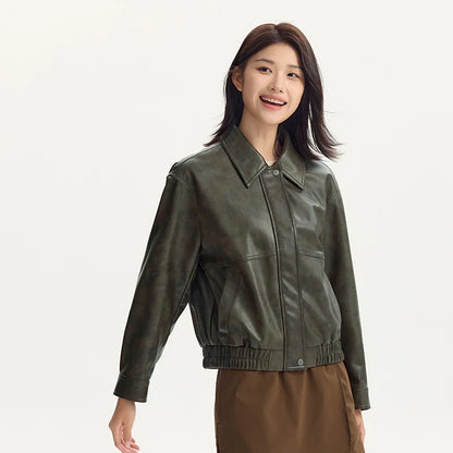 Abrigo para mujer, cuello holgado, estilo moderno, estilo urbano, otoño, nuevo, retro, texturizado, chaqueta de cuero PU.