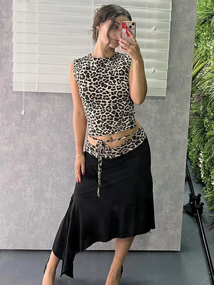 Fashion Double Wear Skirt Suit Female Leopard Print Lace Up Sleeveless Vest Irregular Splice Skirt Two Pieces Set Women’s