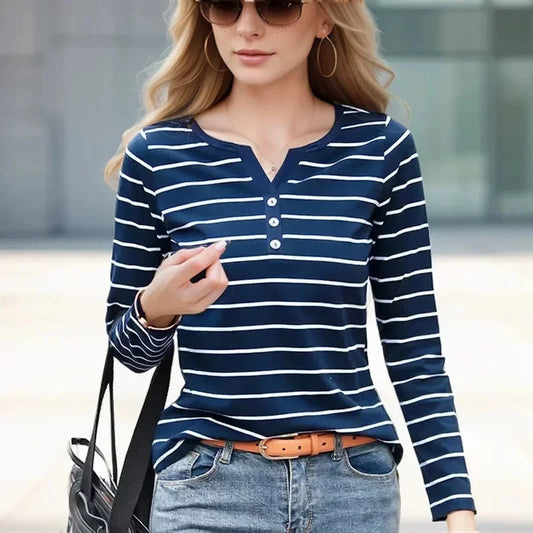Blusa de estilo primavera otoño para mujer, camisetas informales de manga larga con rayas y cuello en V